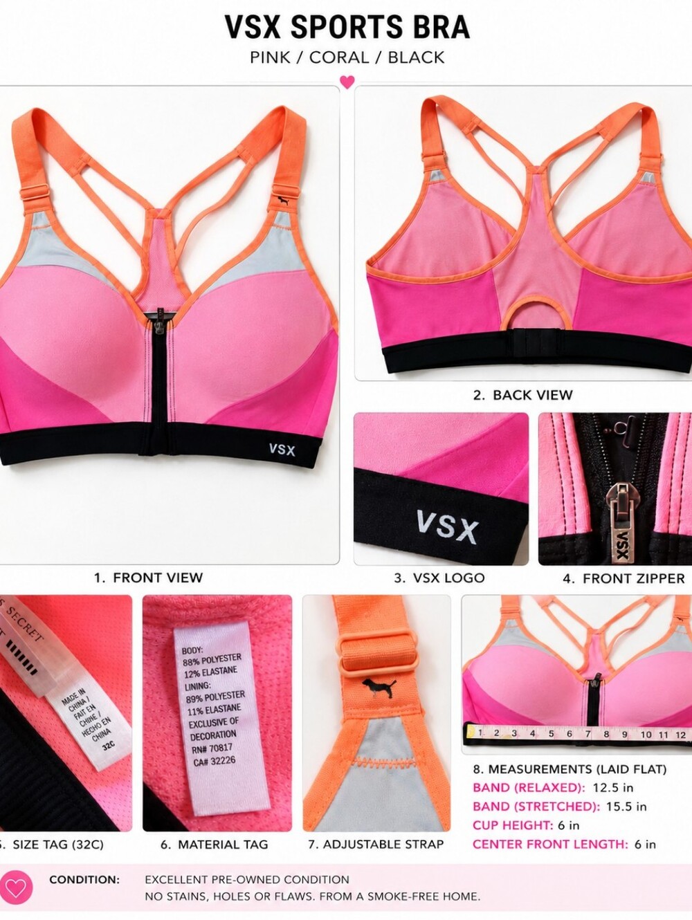 Victoria's Secret VSX Pink, Coral & Black Front-Zip Sports Bra